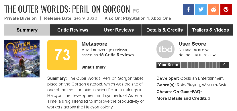 Metacritic - The Outer Worlds: Peril on Gorgon reviews are