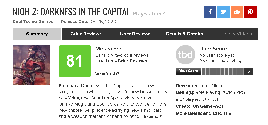 Nioh 2: Darkness in the Capital - Metacritic