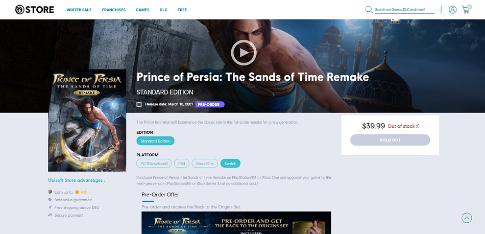 نسخه‌ی نینتندو سوییچ Prince of Persia: The Sands of Time Remake در فروشگاه یوبی‌سافت فاش شد