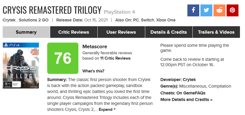 نقدها و نمرات Crysis Remastered Trilogy منتشر شدند - گیمفا