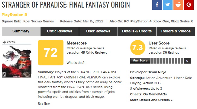 نمرات Stranger of Paradise: Final Fantasy Origin منتشر شدند