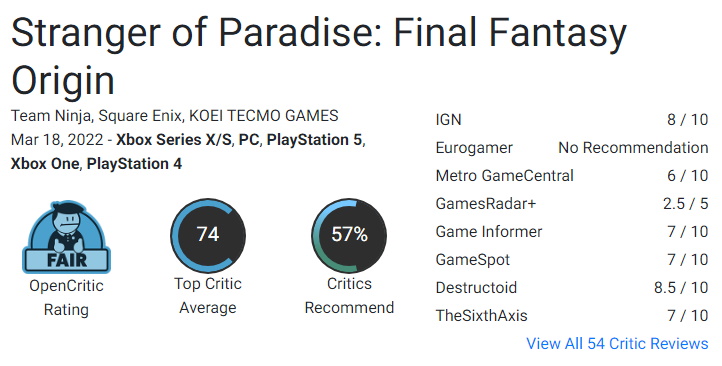 نمرات Stranger of Paradise: Final Fantasy Origin منتشر شدند