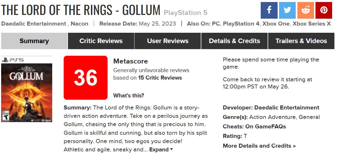  "نقد و نمرات بازی Lord of the Rings: Gollum منتشر شد"