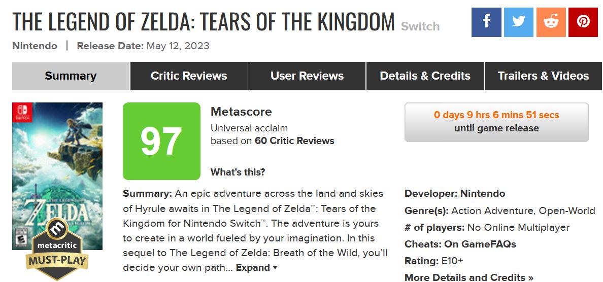 "نقد و نمرات The Legend of Zelda: Tears of the Kingdom منتشر شد"