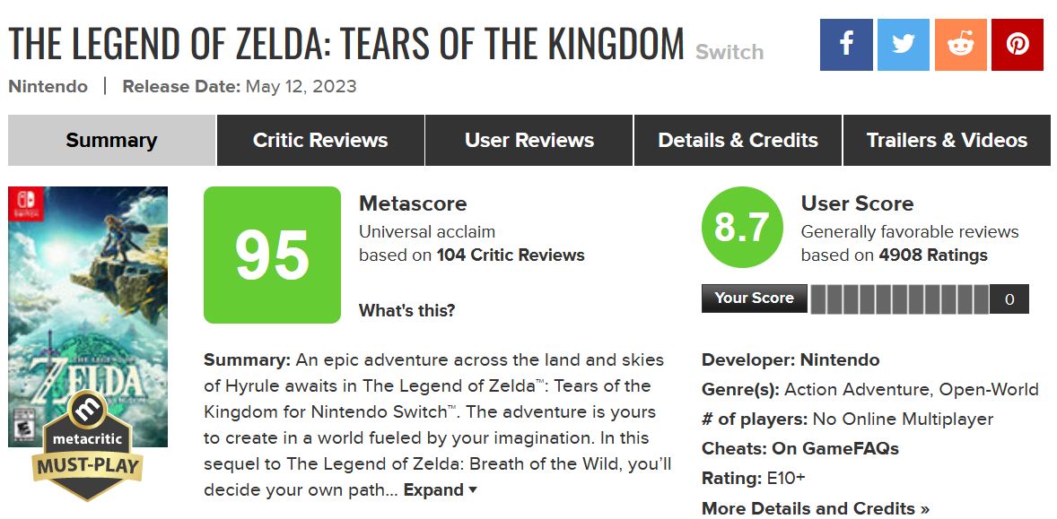 نقدها و نمرات The Legend of Zelda: Tears of the Kingdom منتشر شدند [به‌روزرسانی] - گیمفا