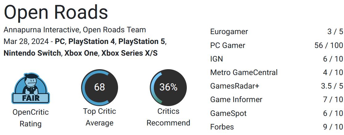 نقدها و نمرات بازی Open Roads منتشر شدند [به‌روزرسانی شد] - گیمفا