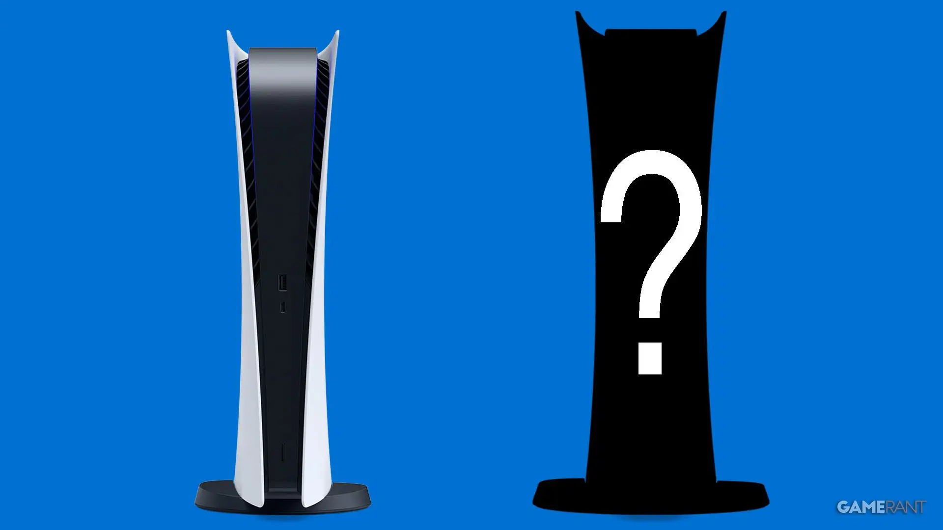 vertical playstation 5 next to ps6 mockup silhouette with question mark blue background composite پلی استیشن