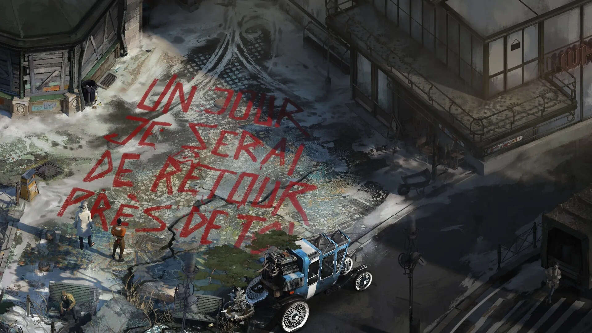 Bird's eye View of a Ruined City Street with Big Red Graffiti on Cracked Pavement Pedestrians and Vintage Carriages Nearby