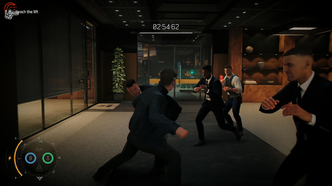 In game Action Scene Four Men in Business Attire Sprint and Clash in a Dim Corporate Lobby with Glass Doors a Countdown Timer Above