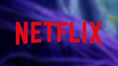 Netflix wordmark in bold red letters on a purple blurred abstract background, no other elements present.