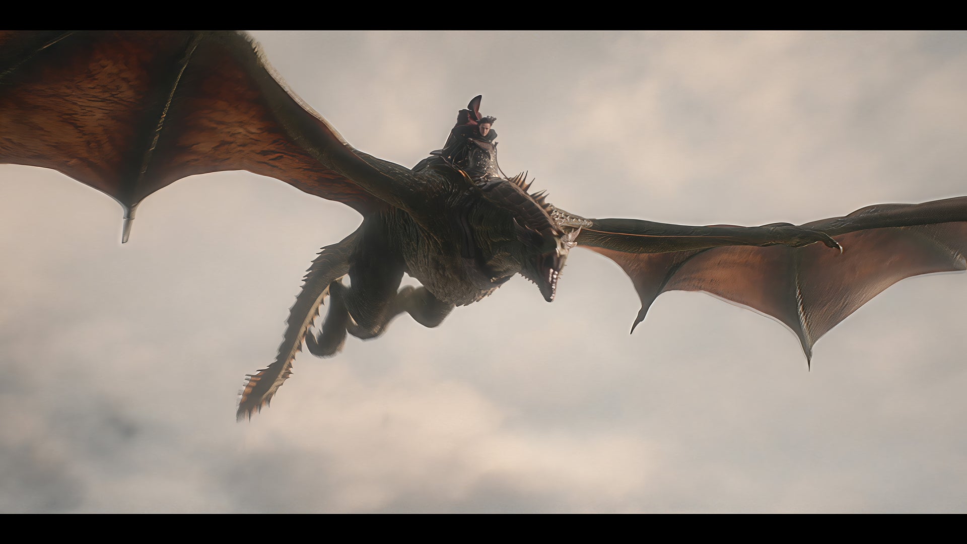 Armored Rider on a Large Dragon Soaring Through a Cloudy Sky with Wings Fully Extended