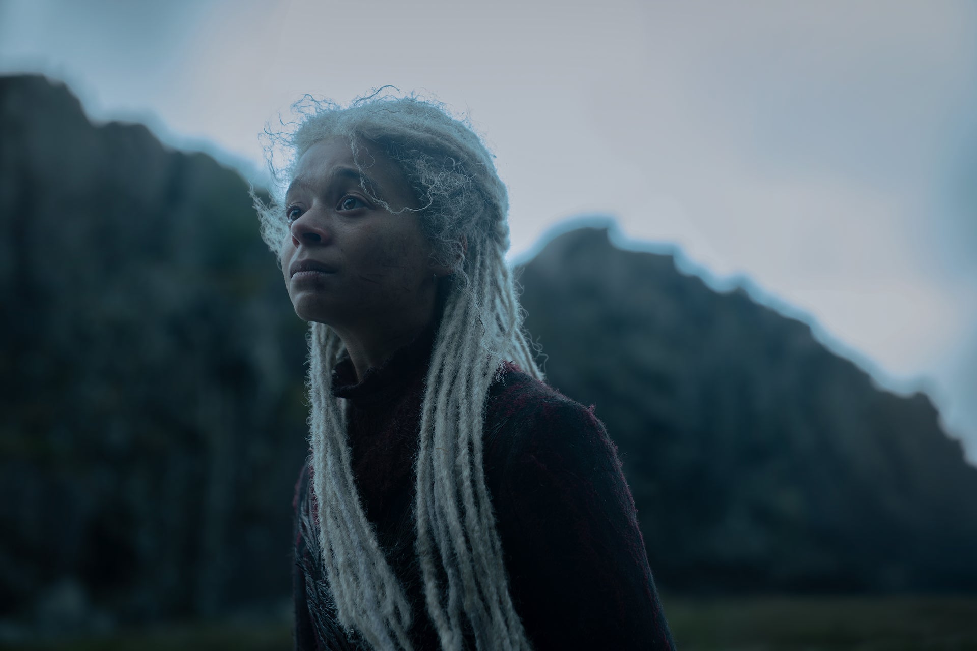 Close up of a Person with Long Gray Dreadlocks Looking Up Against a Cloudy Blue Sky