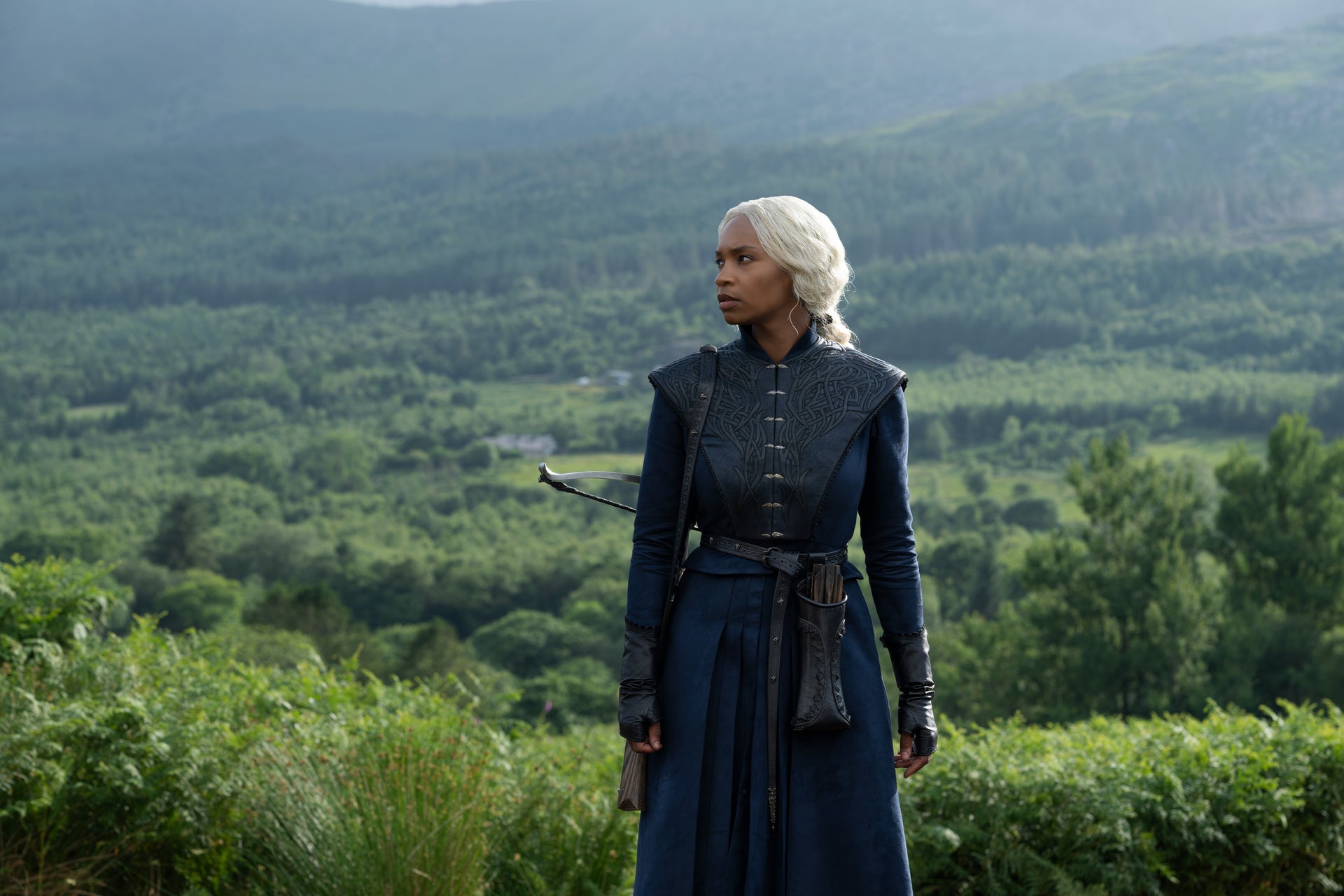 Woman in Dark Blue Fantasy Armor Stands in a Green Valley with Forested Hills Behind