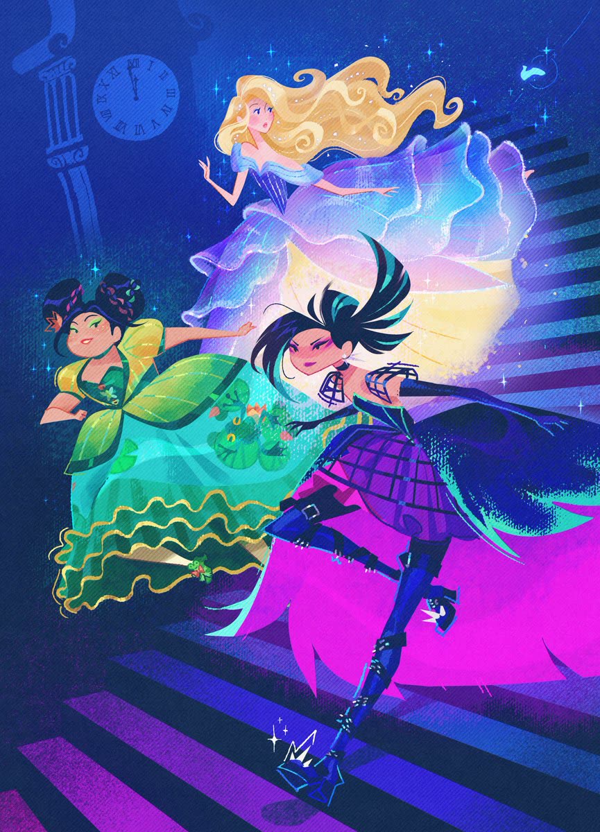 1000043392 Three Princesses in Bright Gowns Dancing Together on a Magical Starry Blue Backdrop