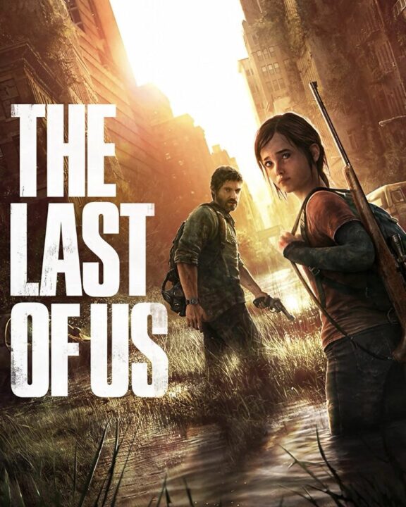 Two Survivors a Man with a Backpack and a Woman with a Rifle Stand in a Ruined Sunlit City Beside Tall Grass the Last of Us Cover Art