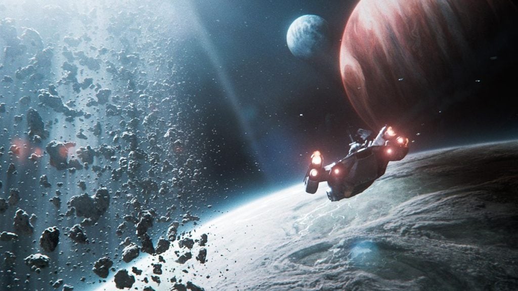 Spaceship Flying Near an Asteroid Belt Above a Rocky Planet with a Blue Planet and a Red Gas Giant in the Background