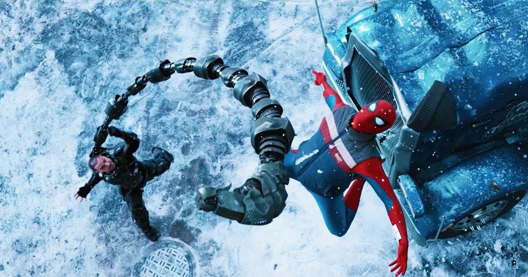 Spider man in Red and Blue Suit Helps Stabilize a Car on a Snowy Icy Street As Two Others Reach Toward Safety