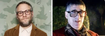 Two men wearing glasses side by side; left has a brown corduroy blazer and beard, right wears a scarf outdoors at night.