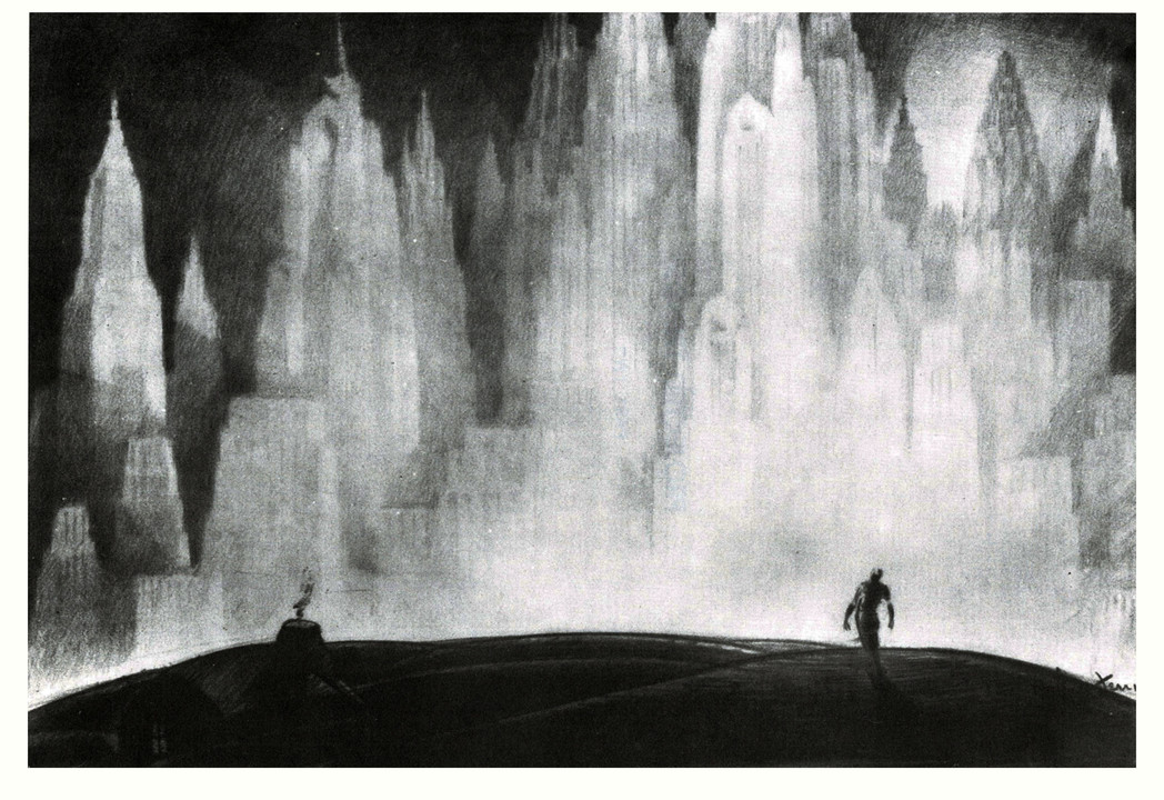 a Lone Figure Walks on a Dark Hill Toward a Foggy City of Tall Spire like Towers in a Black and white Scene