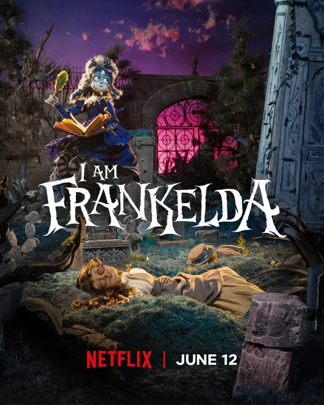 Poster for Netflix's I Am Frankelda a Blue skinned Figure Reads a Book in a Haunted Graveyard with a Woman Lying Asleep on the Ground and a Pink lit Gate in the Background
