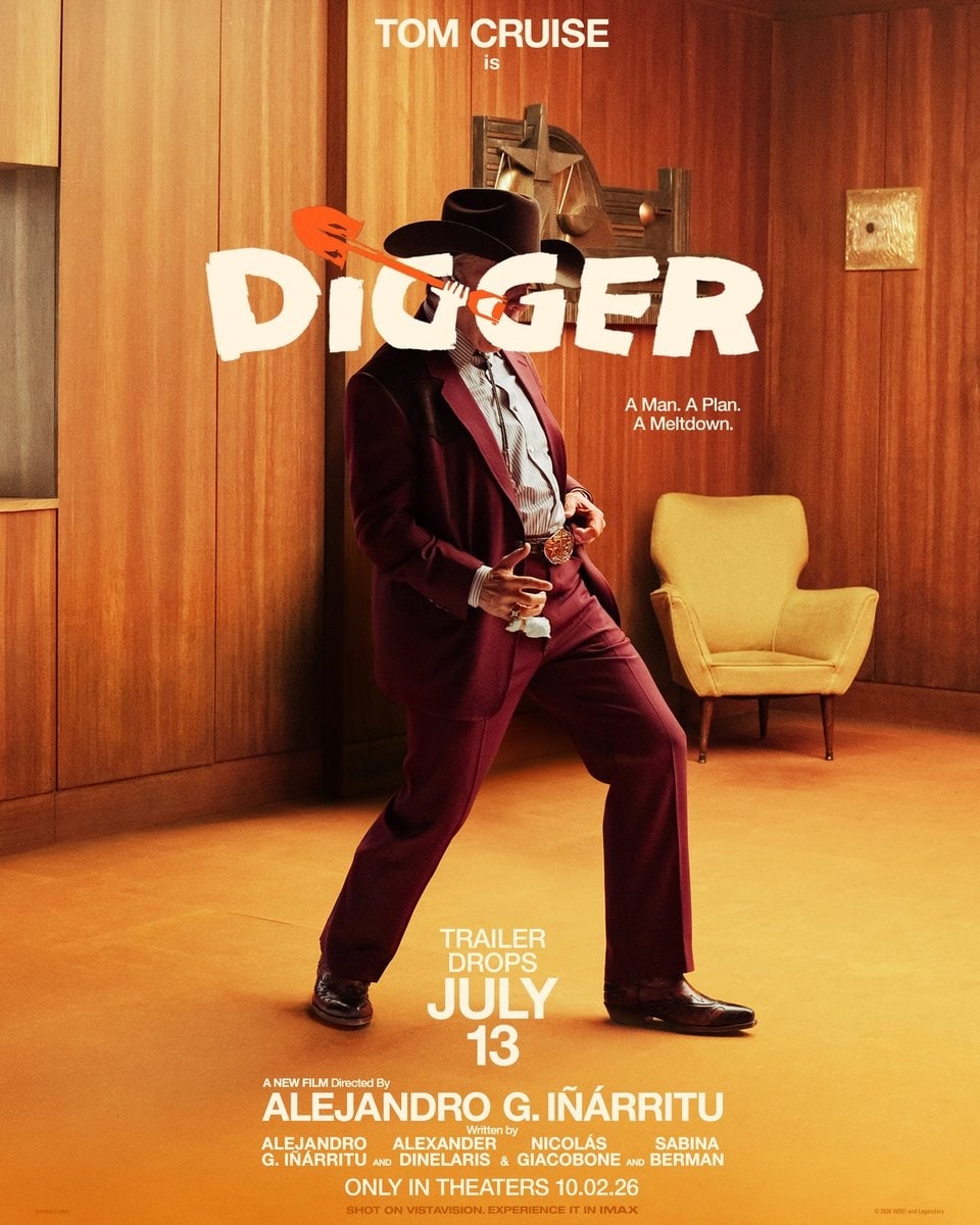 Movie Poster for Digger Featuring Tom Cruise in a Burgundy Suit and Hat in a Wood paneled Orange Room Beside a Yellow Chair with the Title Digger