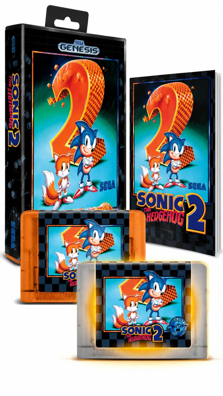 3453453 Sonic the Hedgehog 2 Game Packaging with Cartridges and a Boxed Sega Genesis Version Featuring Sonic and Tails Against a Large Orange Number 2 Poster Art