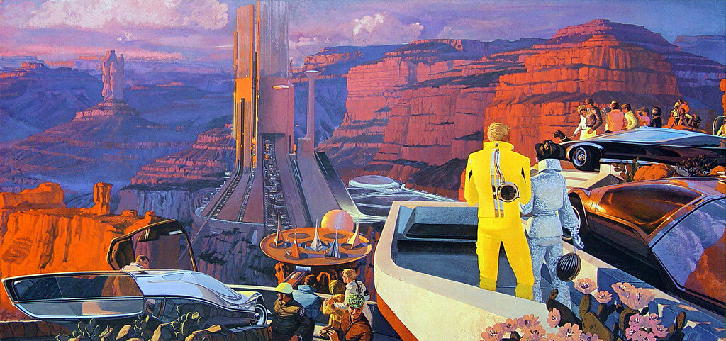 Futuristic Cliffside Spaceport with a Tall Launch Tower People in Colorful Outfits Observing from a Terrace and Vintage Cars Nearby