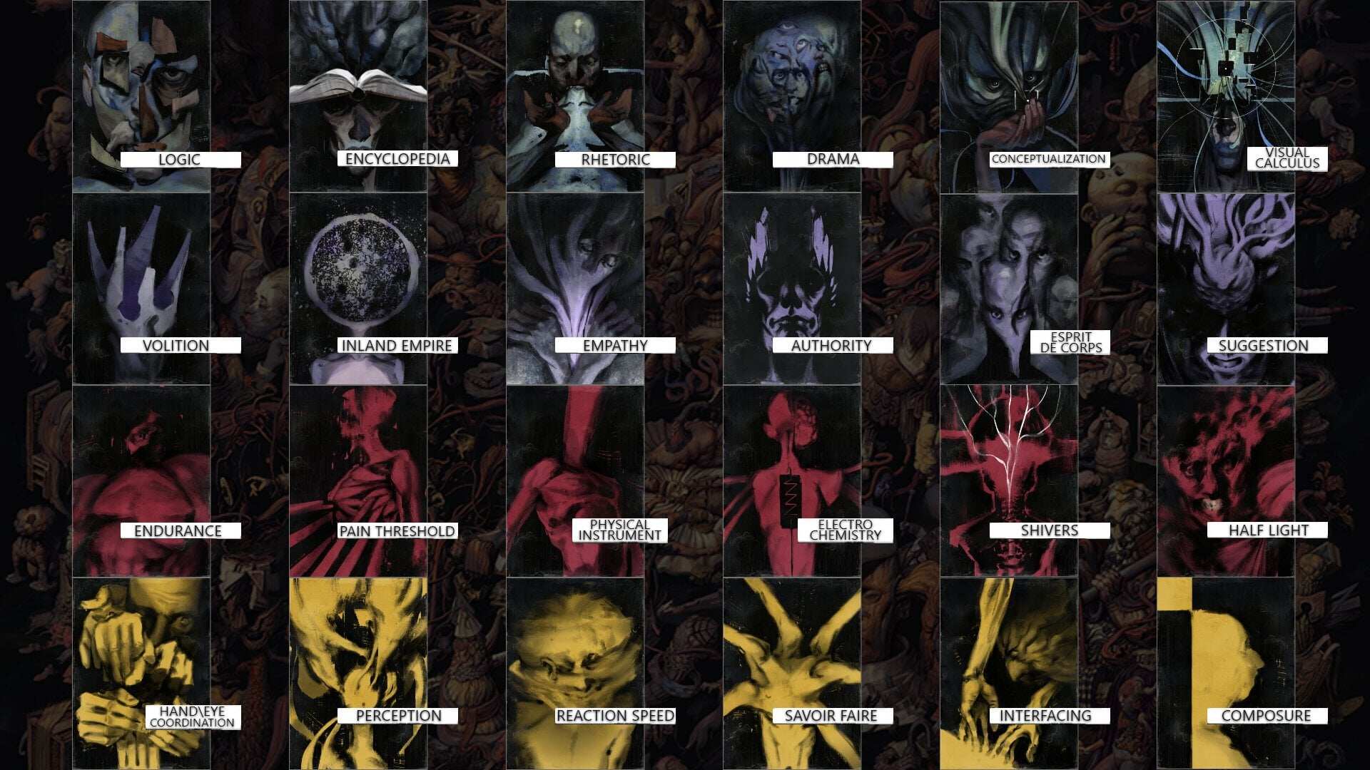 Grid of Panels Labeled Logic Rhetoric Drama and More over Dark Abstract Art Background a Taxonomy Collage