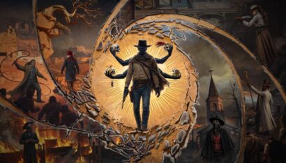 Surreal western artwork: a gunslinger with multiple arms stands in a glowing, cracked circular portal amid fires and desolate scenes behind him.