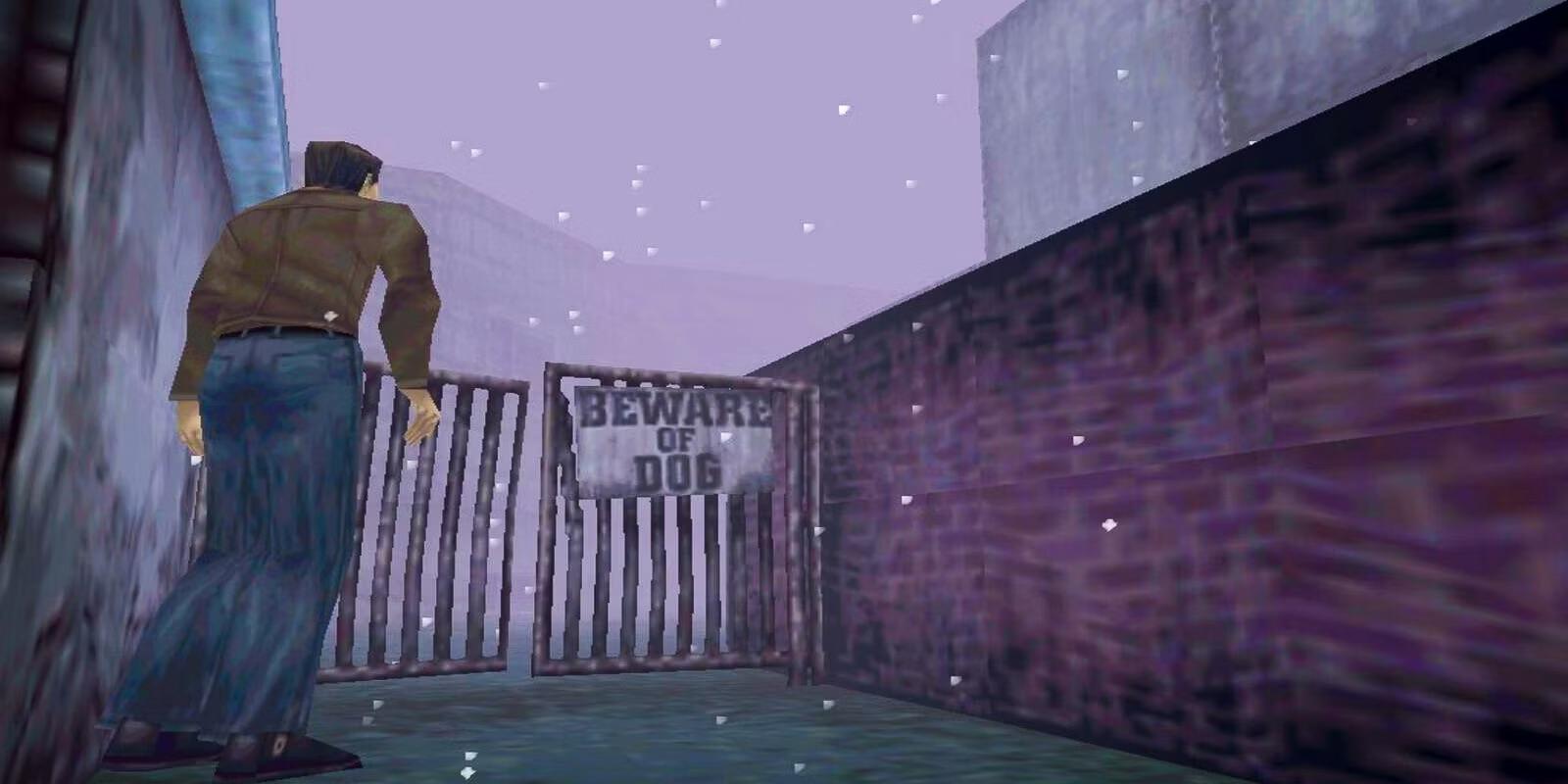 Video Game Scene Man in a Brown Jacket at a Gate with a 'beware of Dog' Sign in a Purple Snowy Alley