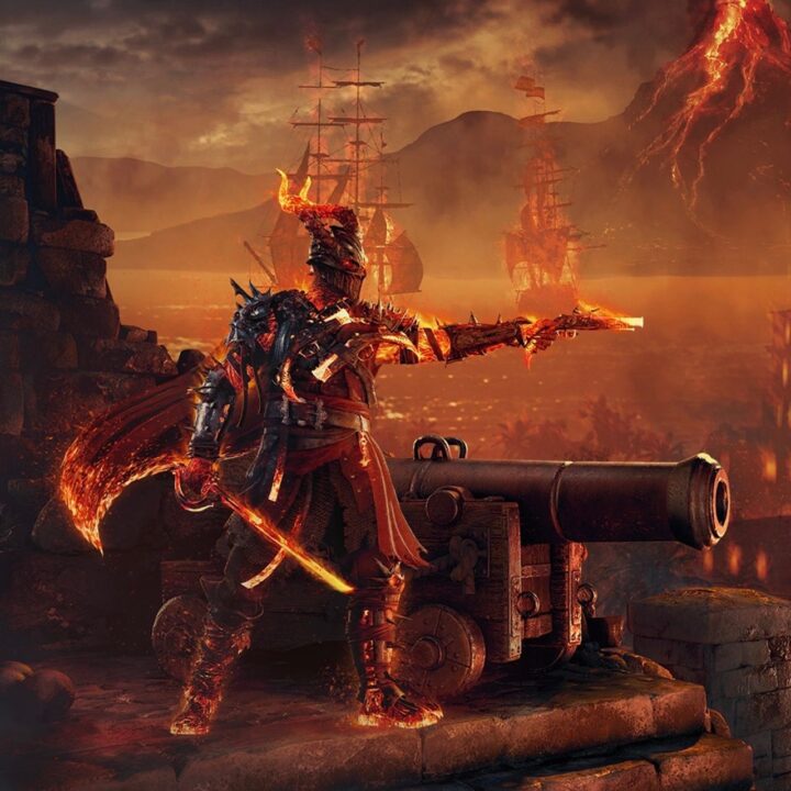 Fiery Armored Warrior Standing Beside a Large Cannon Aiming a Glowing Weapon Toward Distant Ships with a Volcanic Scene in the Background