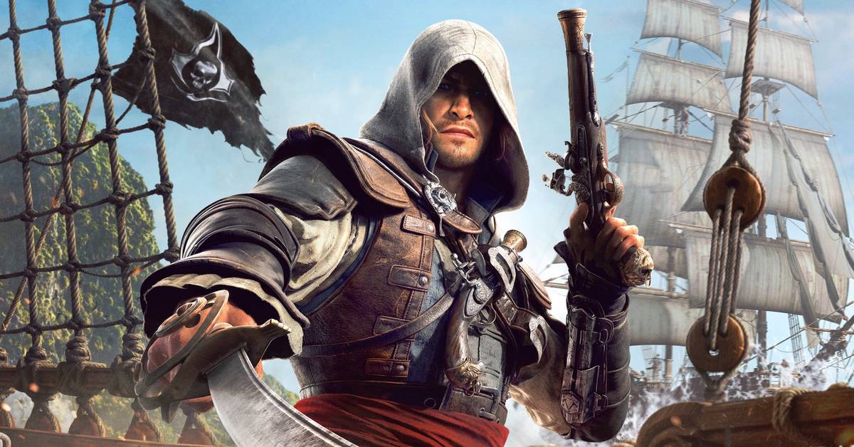 Hooded Assassin on a Pirate Ship Deck Wielding a Pistol and Curved Sword with Sails and Rigging in the Background