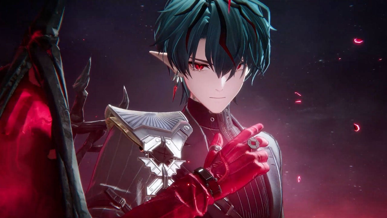 Fantasy Male Elf with Teal Hair and Red Eyes in Dark Armor Red Gloves Pointing a Glowing Red Crystal