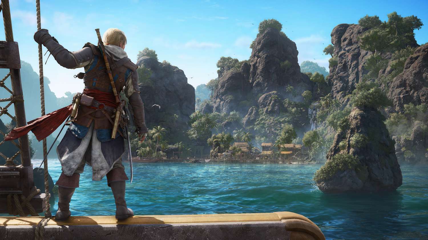 Assassins creed black flag resynced edward ship Warrior in Armor Stands on a Weathered Dock Gazing at a Tropical Coastline with Jagged Rock Formations and a Palm filled Village Beyond