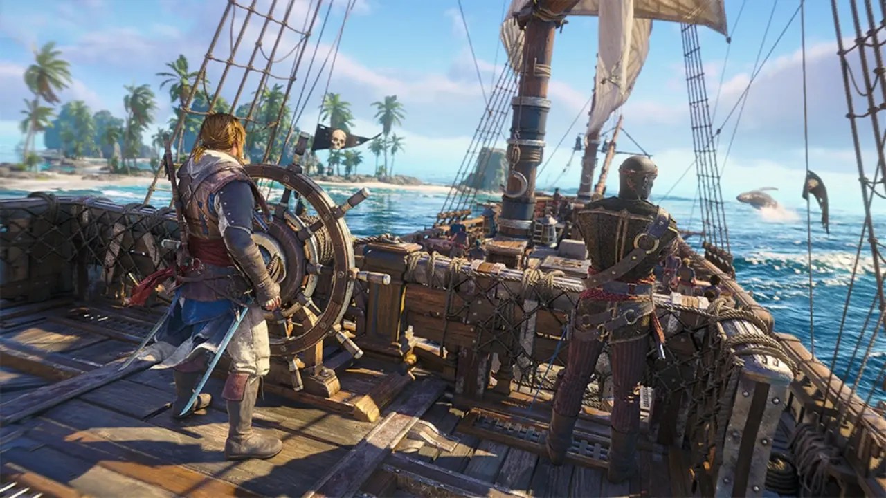 Assassins creed black flag ship deep Two Armored Pirates on a Wooden Ship Deck One at the Wheel the Other Standing by the Railing As Dolphins Jump in the Ocean Nearby