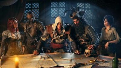 Five adventurers gather around a large map on a dim tavern table, candlelight, skull and bottles nearby.