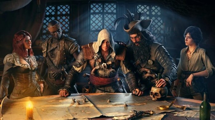 Five adventurers gather around a large map on a dim tavern table, candlelight, skull and bottles nearby.