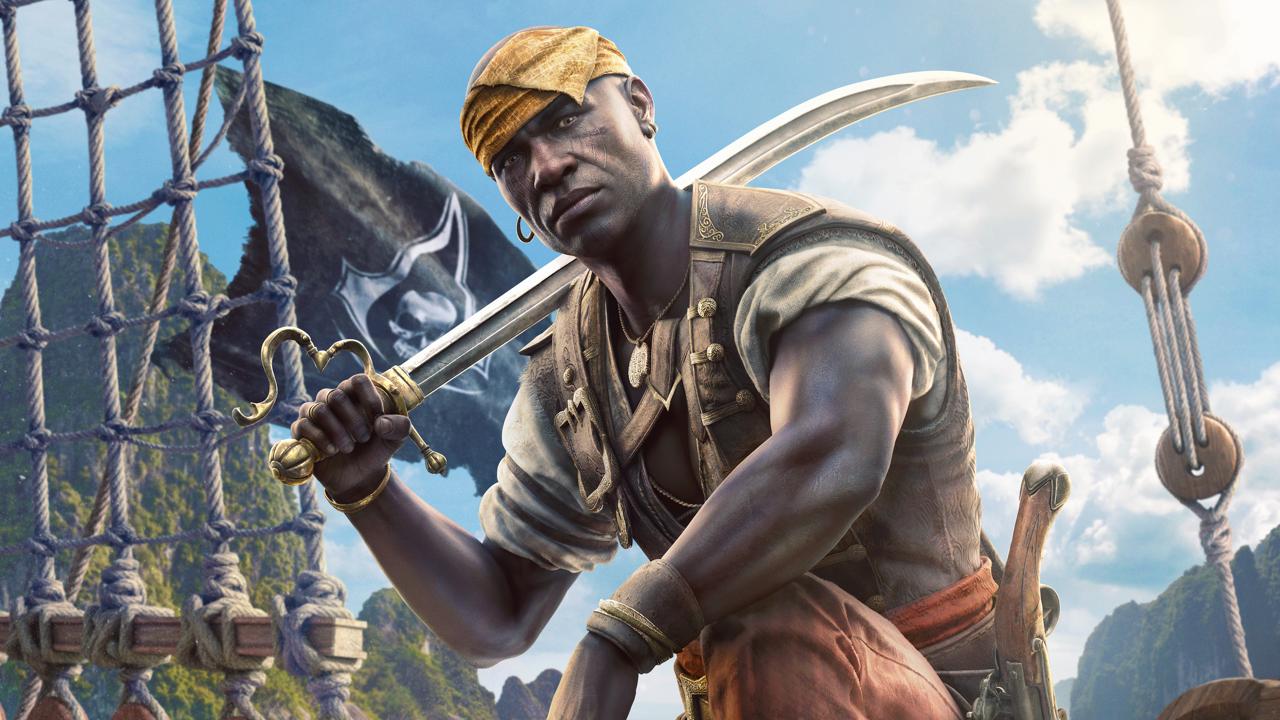 Black Flag Resynced Pirate Warrior with a Curved Sword on a Rope slung Ship Deck Sails and Cliffs in the Background