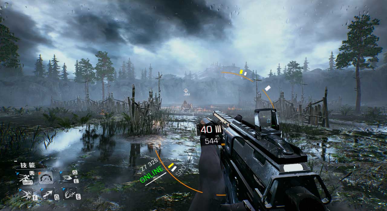 First person Shooter Scene Player Holds a Futuristic Assault Rifle in a Swampy Foggy Battlefield with Ruined Fences and Dark Stormy Skies in the Distance Hud Elements and Ammo Count Visible on the Weapon