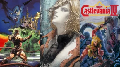 Triptych cover: left panel a muscular warrior with a whip facing a castle and bats at night; middle panel a pale and androgynous figure in armor; right panel Castlevania II battle scene with hero fighting monsters and the title at top left.