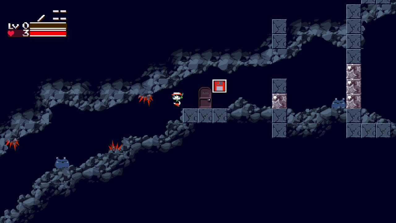 Pixel Art Platformer Scene Small Green clad Hero on a Rocky Ledge Beside a Door and a Red Save Icon with Bats in a Dark Cave