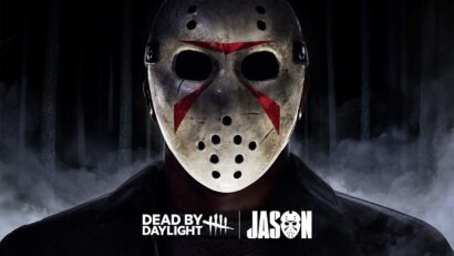 Promo image for Dead by Daylight: a hockey-mask killer stands in a foggy, dark forest with red markings on the mask and the game logo at the bottom.