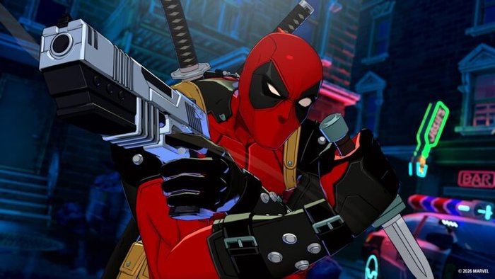 Deadpool aims a large futuristic pistol in a neon-lit urban alley, two swords on his back ready for action.