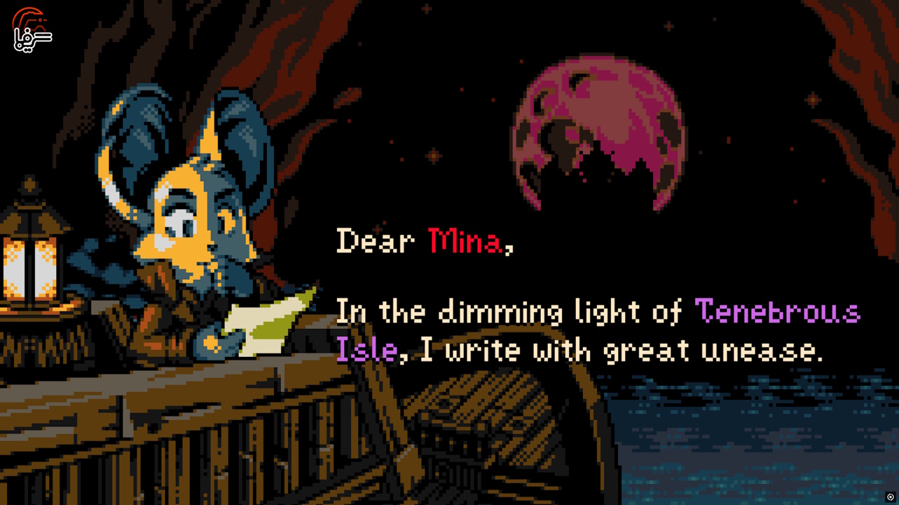 Desktop Screenshot 20260614 14372128 Pixel art Scene a Blue yellow Mouse like Character Reads a Letter on a Wooden Ship by Lantern Light at Night with a Purple Moon and Water in the Background Onscreen Text Begins 'dear Mina'