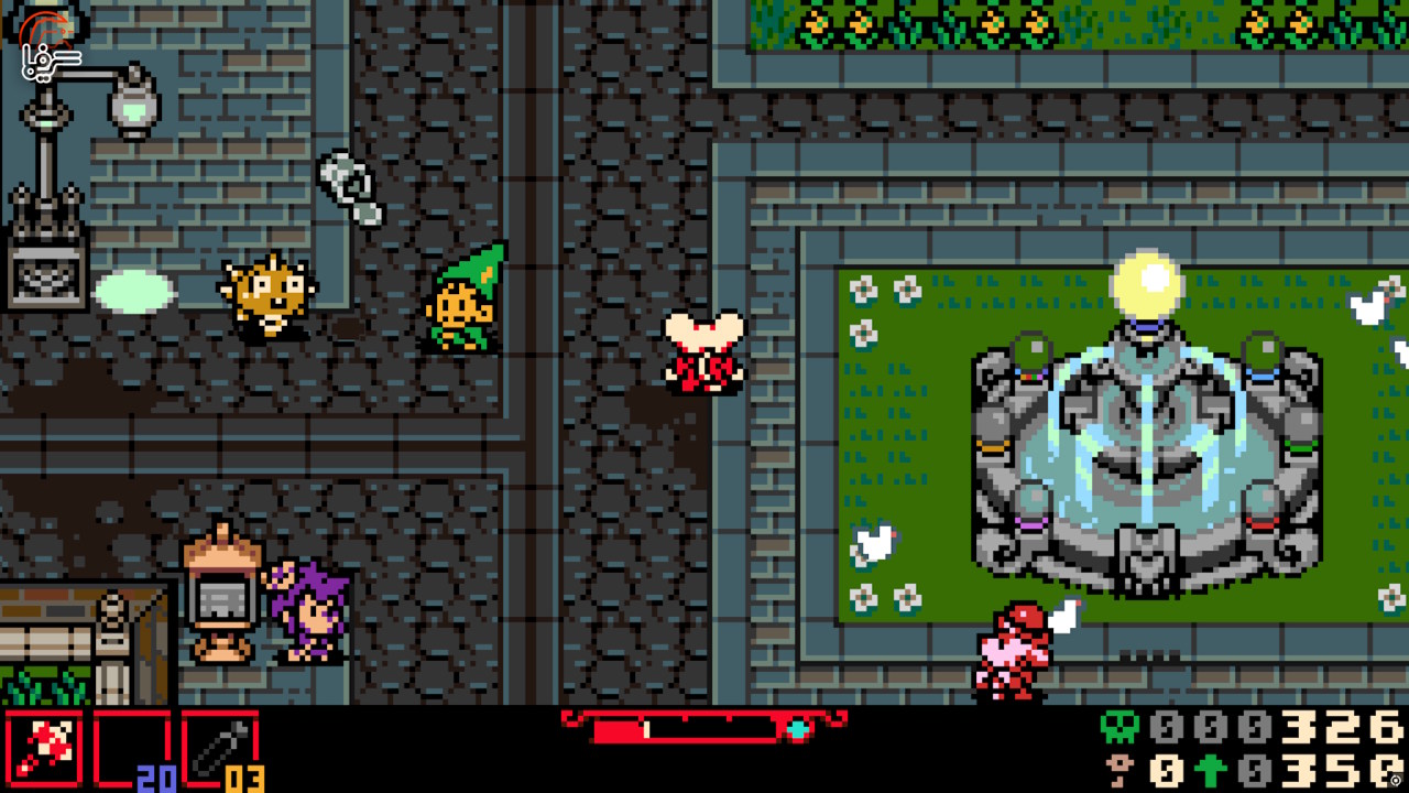 Desktop Screenshot 20260617 20002628 Top down Pixel art Street Scene with a Green hatted Hero a Small Orange Creature and a Large Futuristic Sculpture on a Grassy Plaza Nearby