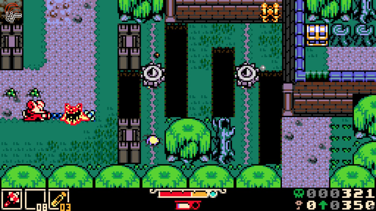 Desktop Screenshot 20260617 21290173 Pixel art Side scroller Two Defeated Enemies on the Left a Blue clad Hero Climbing a Tree in a Courtyard with Pipes and Gears in the Background