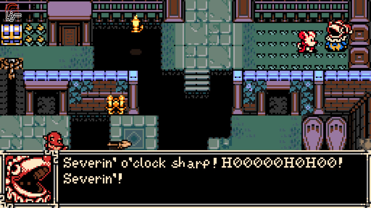 Desktop Screenshot 20260617 21351162 Retro Pixel art Game Screenshot Dungeon like Scene with Characters at Right and a Red Boss Monster Speaking in the Bottom Dialogue Box Reading 'severin' O'clock Sharp Hooo'