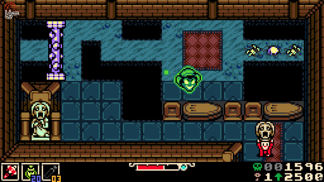 Desktop Screenshot 20260618 17030621 Green clad Player Character Stands on Blue Tiles in a Dungeon Facing a Skeleton on the Right with a Row of Chests and Platforms Ahead