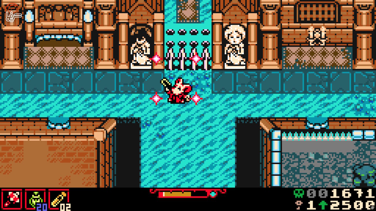 Desktop Screenshot 20260618 17033427 Pixel art Action Scene Hero in Red Armor Swings a Sword over a Turquoise River Pink Sparkles Around with Brown Castle Walls and Statues in the Background