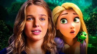 A young woman beside Rapunzel from Tangled, both looking surprised, with a small green frog on Rapunzel's shoulder.